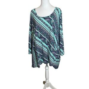 Kim Rogers Curvy Turquoise Purple Tunic Top 3X 100% Cotton Floral Casual Office